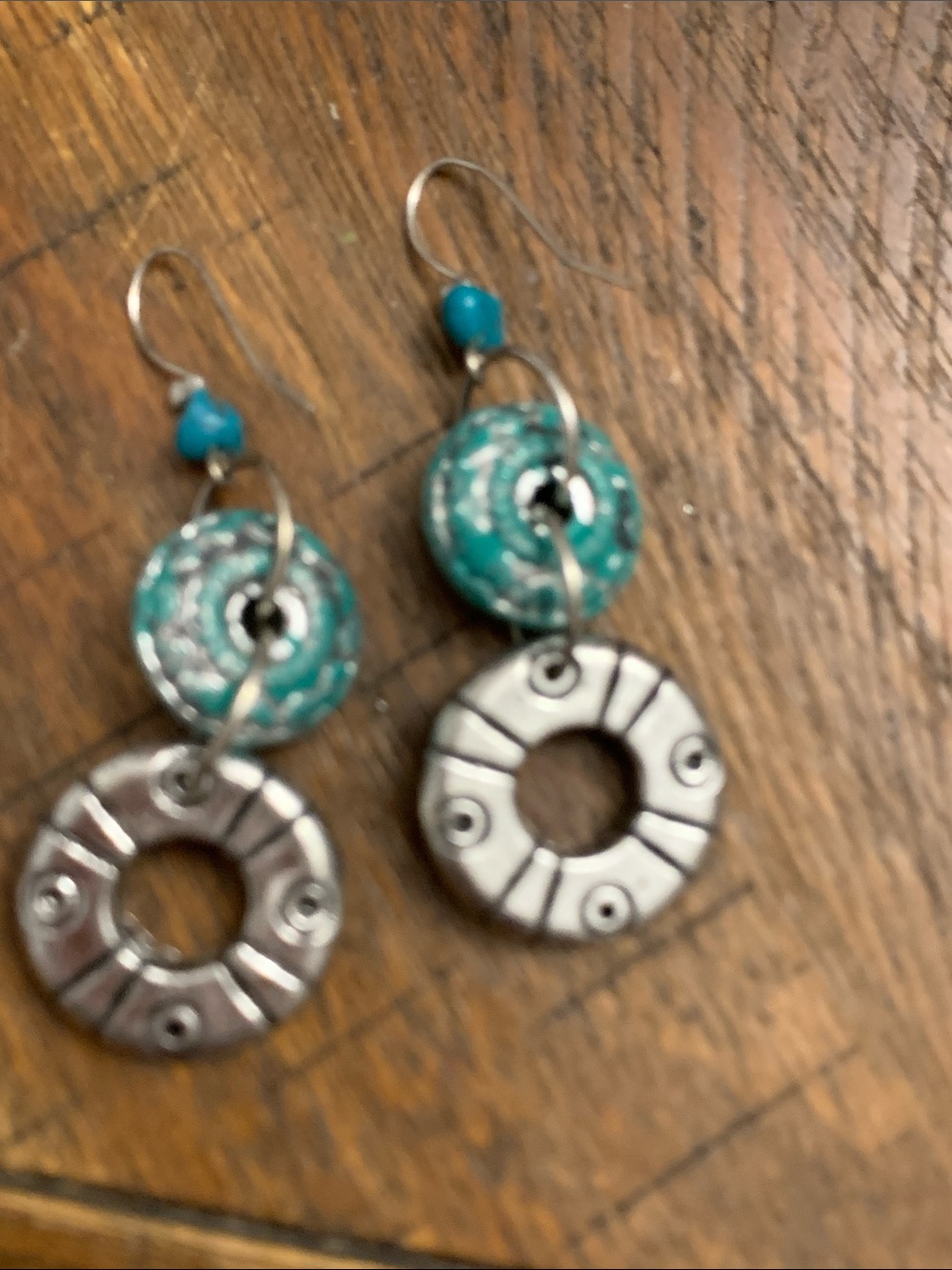 Turquoise and Silver Double Disc Drop Earrings - Women Jewelry